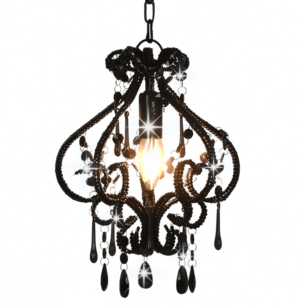 Ceiling lamp with beads, black, round, E14 bulb.