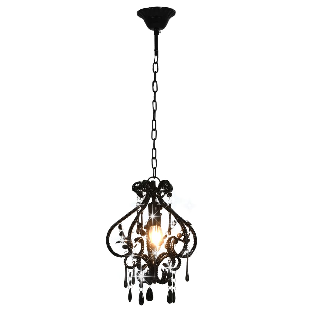Ceiling lamp with beads, black, round, E14 bulb.