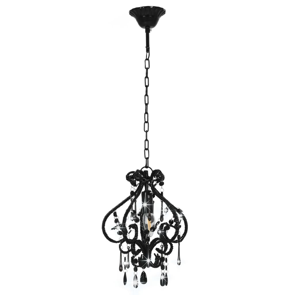 Ceiling lamp with beads, black, round, E14 bulb.