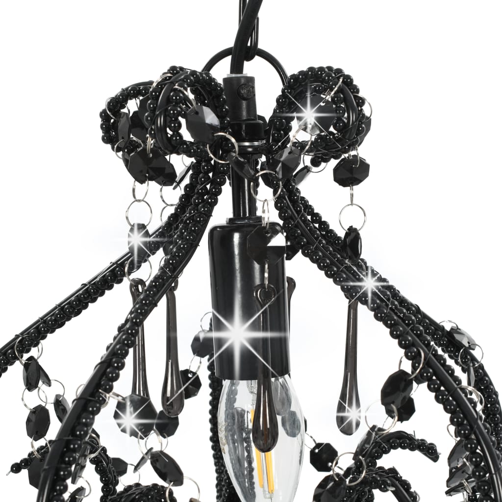 Ceiling lamp with beads, black, round, E14 bulb.