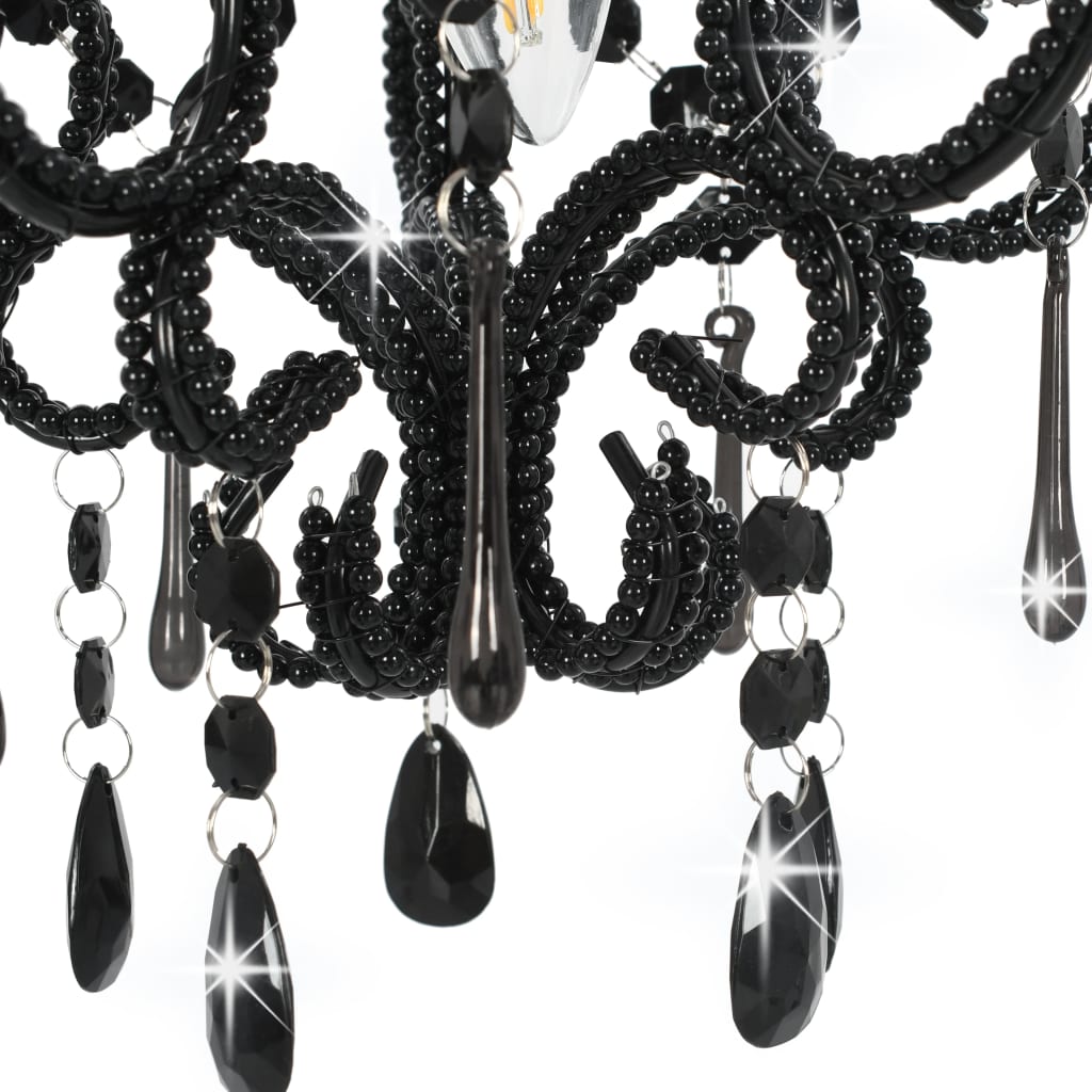 Ceiling lamp with beads, black, round, E14 bulb.