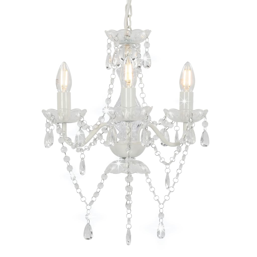 Chandelier with beads, white, 3 x E14 bulbs, round