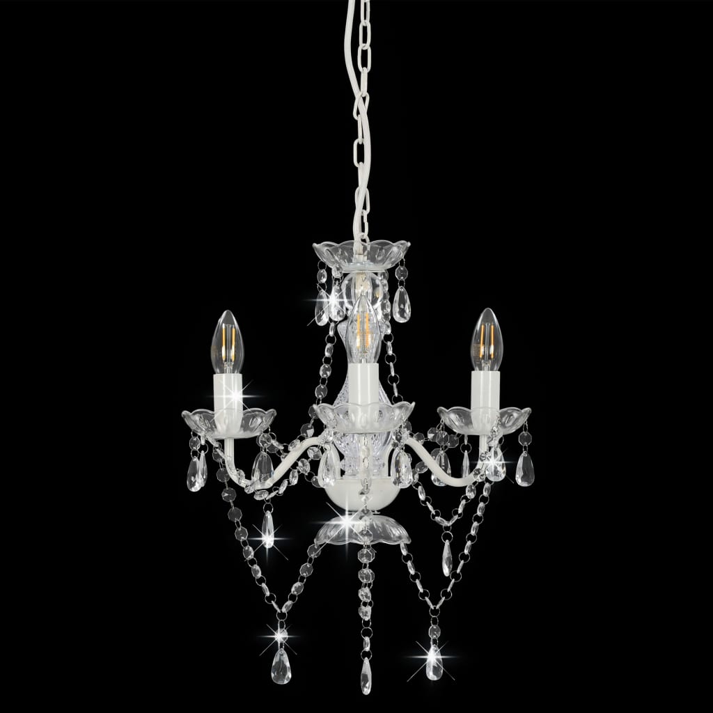 Chandelier with beads, white, 3 x E14 bulbs, round