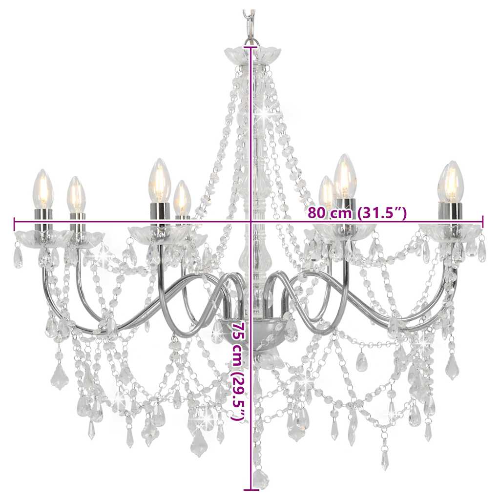 Chandelier with beads, silver color, 8 x E14 bulbs