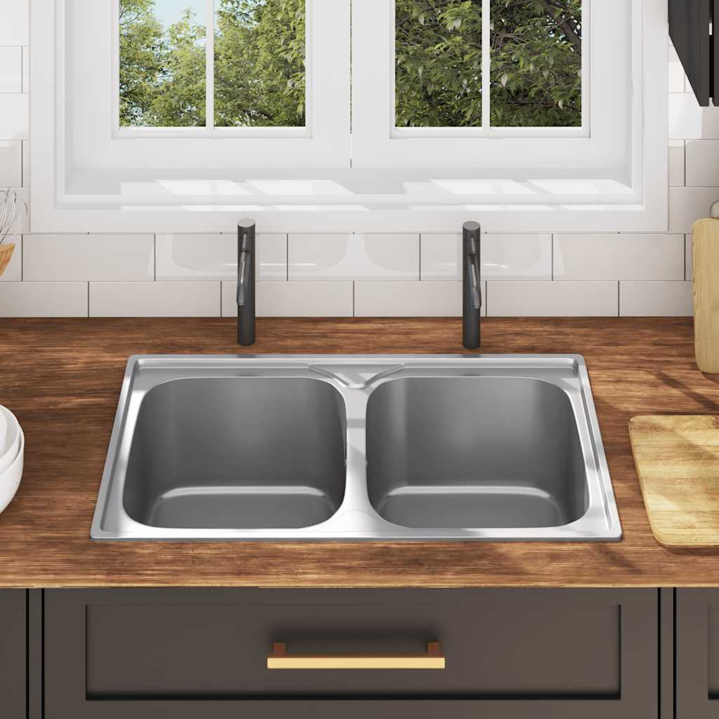 Kitchen sink with 2 bowls, strainer and siphon, steel