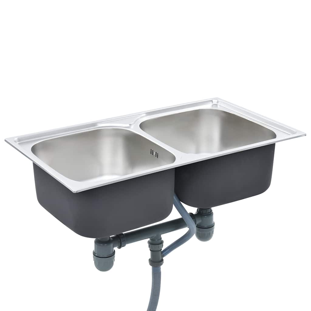 Kitchen sink with 2 bowls, strainer and siphon, steel