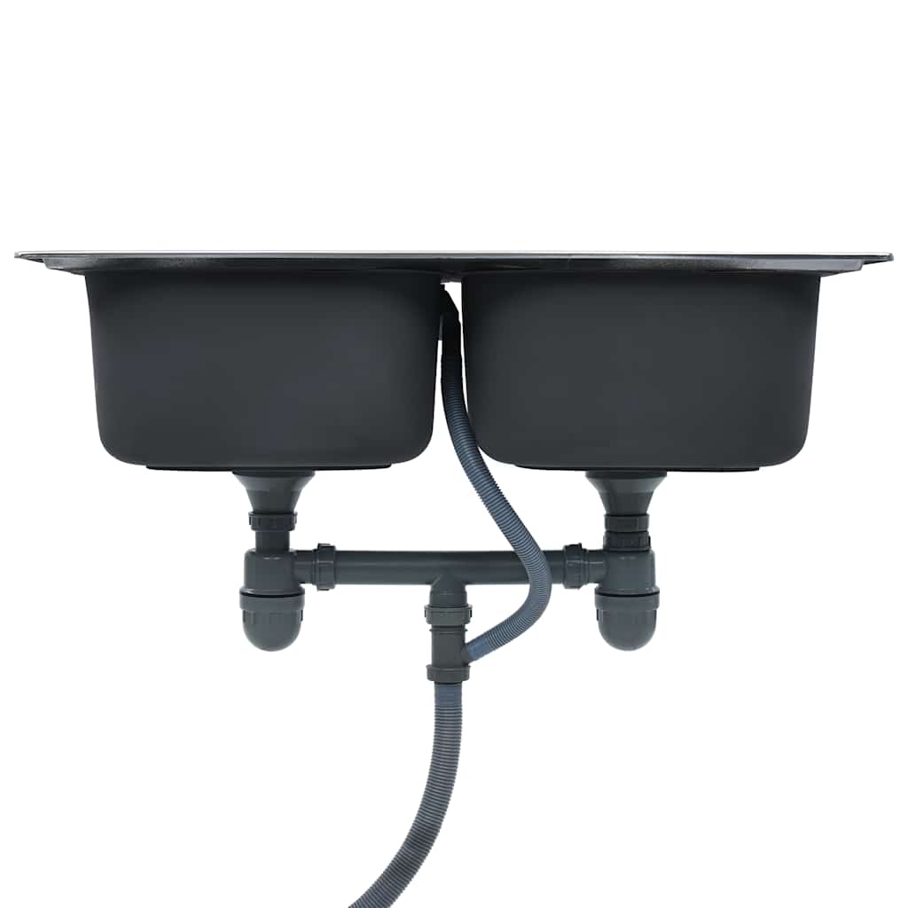 Kitchen sink with 2 bowls, strainer and siphon, steel