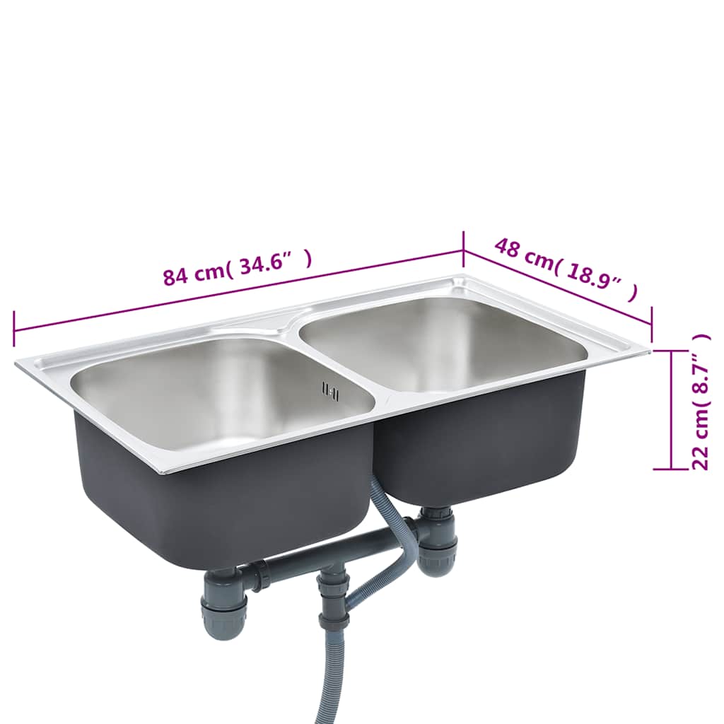 Kitchen sink with 2 bowls, strainer and siphon, steel