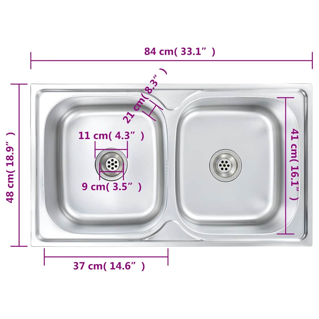 Kitchen sink with 2 bowls, strainer and siphon, steel