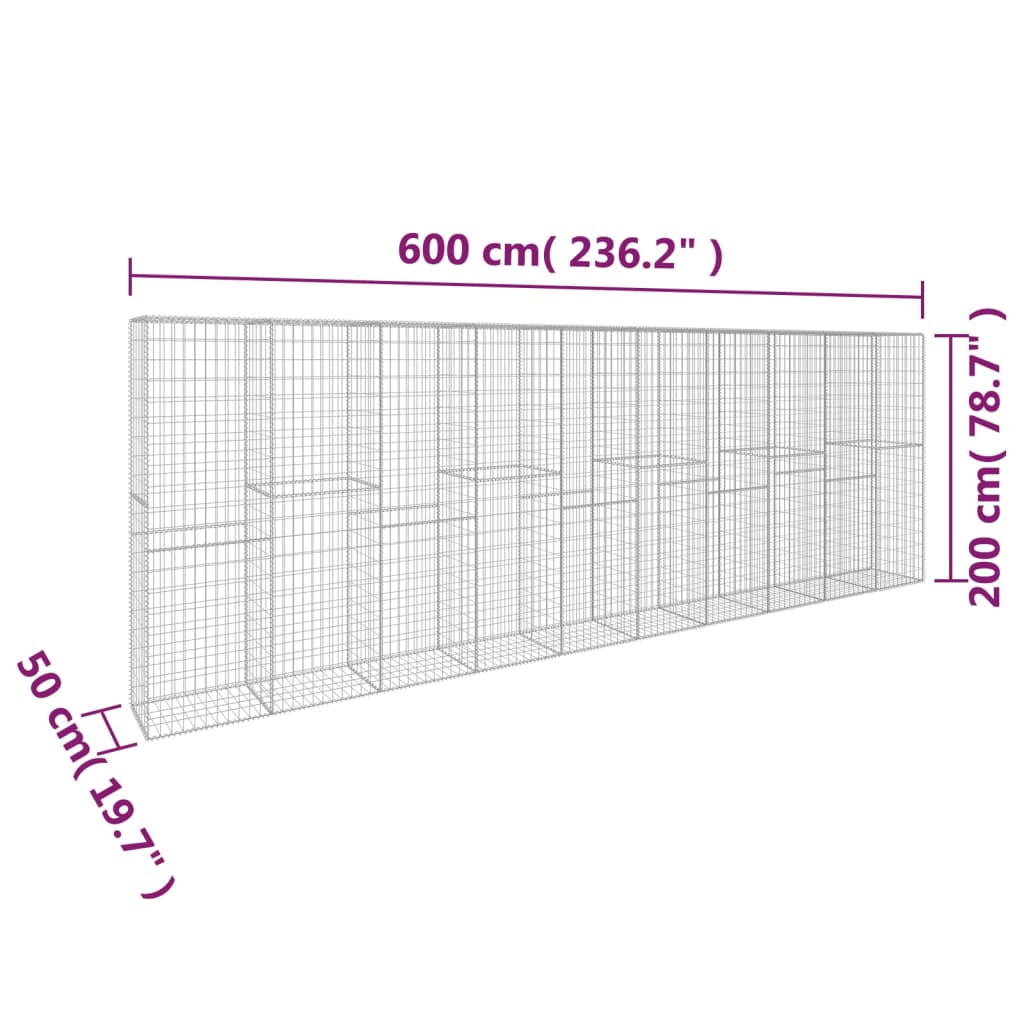 Gabion wall with cover, 600x50x200cm, galvanized steel