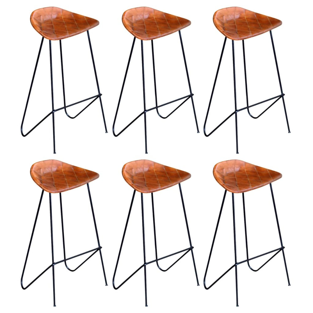 Bar stools, 6 pcs, brown, genuine leather