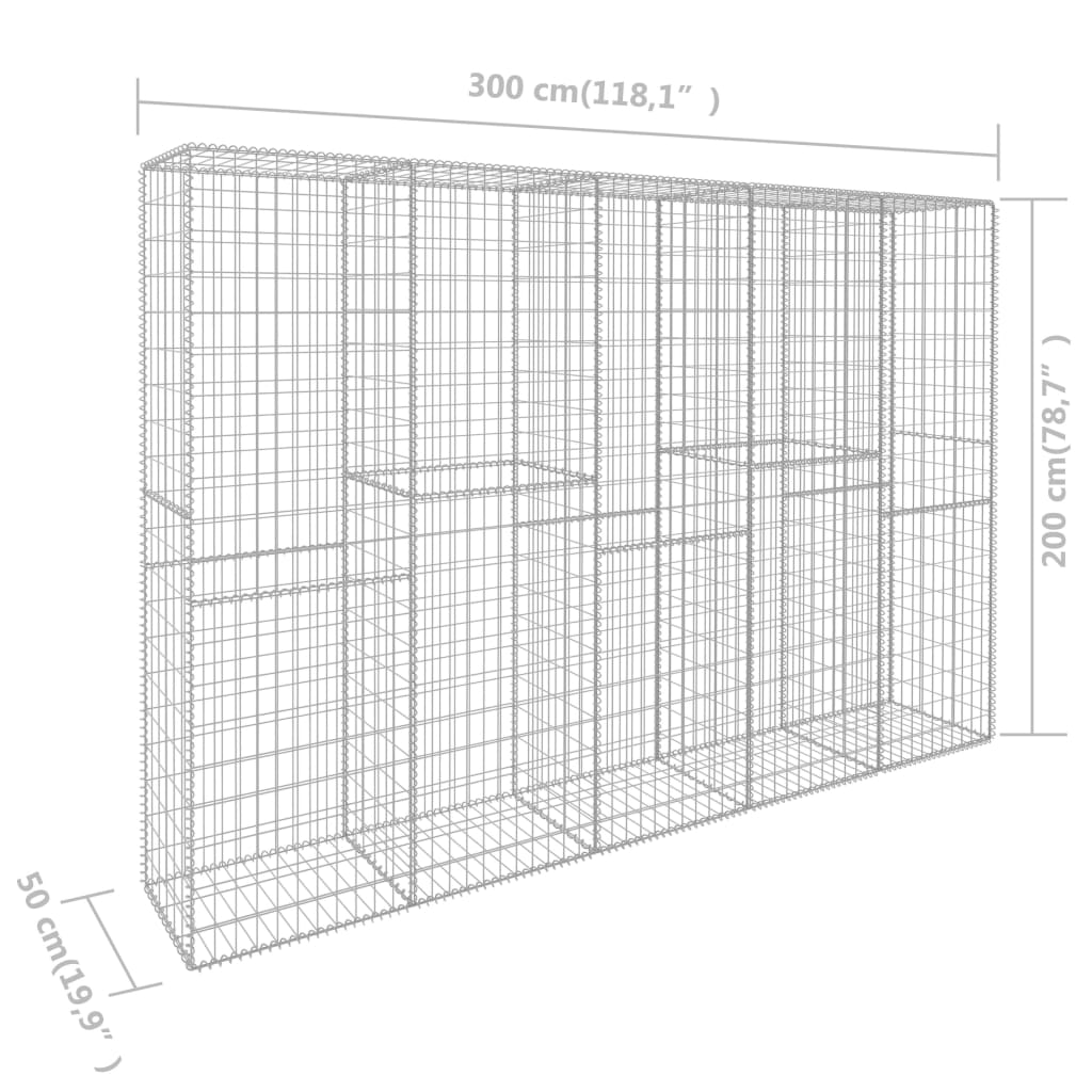 Gabion wall with lids, 300x50x200cm, galvanized steel