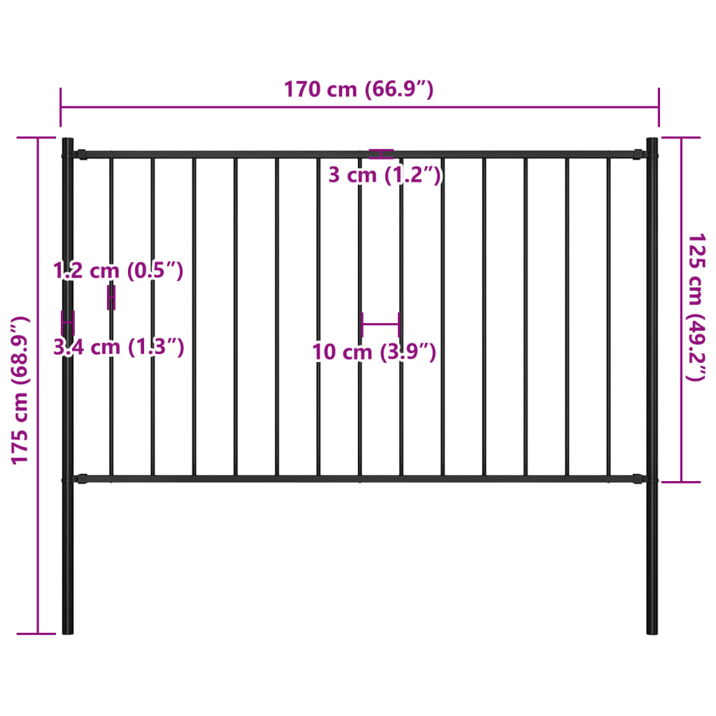 Fence panel with posts, black, 1.7x1.25m, steel