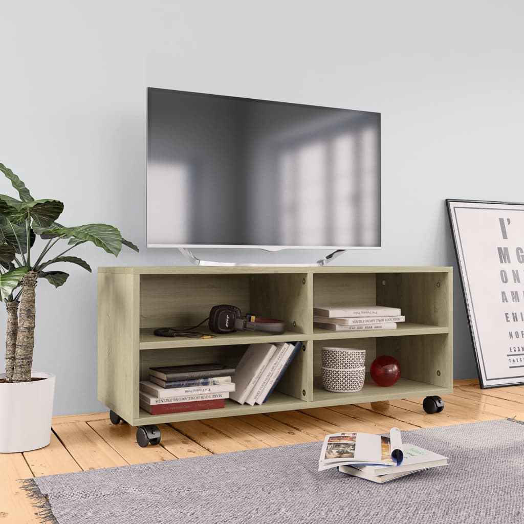 TV cabinet with wheels, oak, 90x35x35cm, engineered wood
