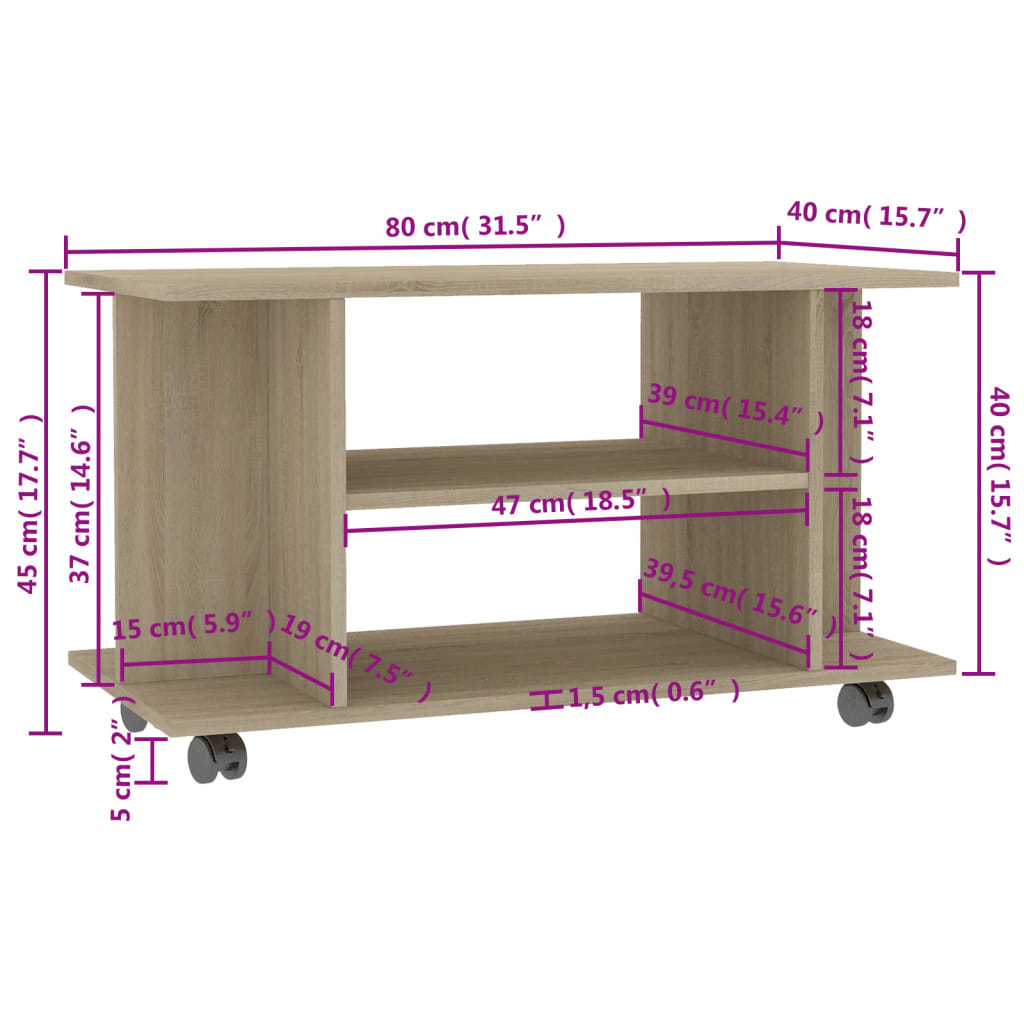 TV cabinet on castors, Sonoma oak, 80x40x45cm, wood