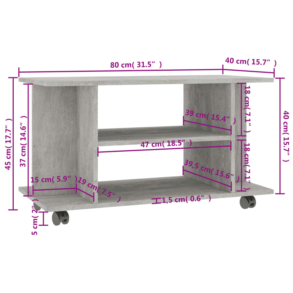 TV cabinet on wheels, concrete grey, 80x40x45cm, wood