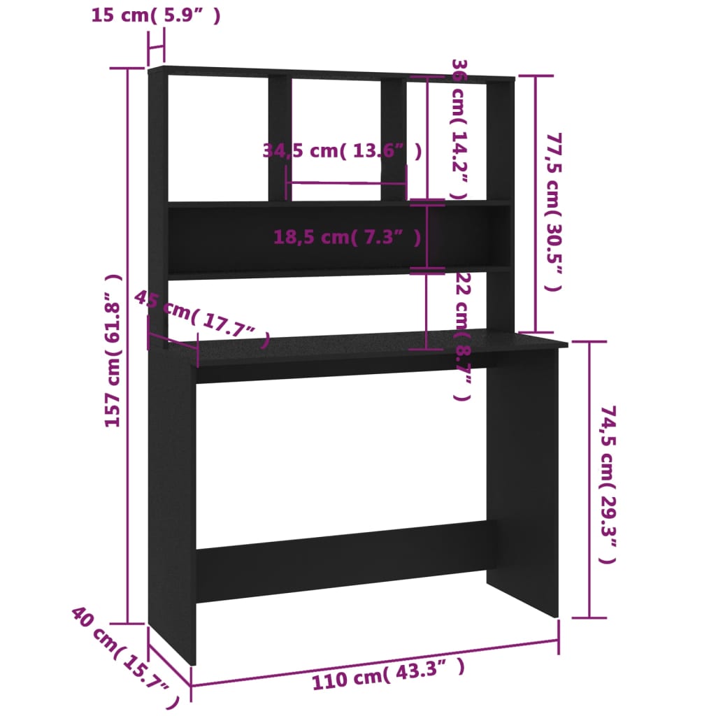 Galds ar plauktiem, melns, 110x45x157cm, MDP
