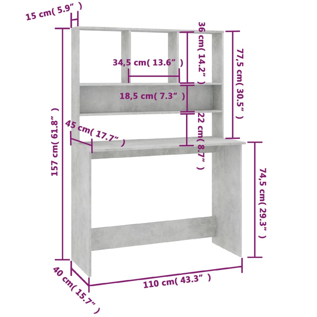 Table with shelves, concrete grey, 110x45x157cm, MFC