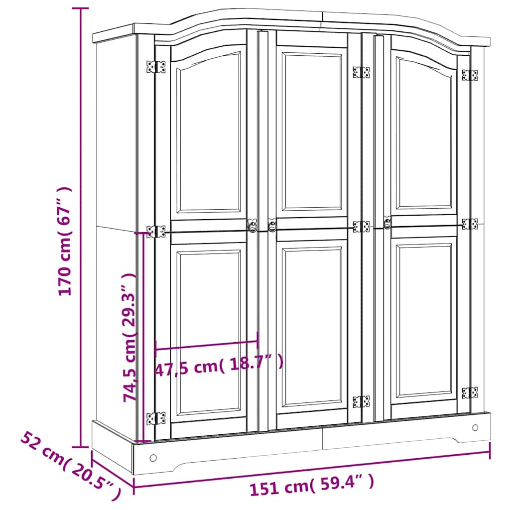 Wardrobe, grey, Mexican pine, Corona, 3-door