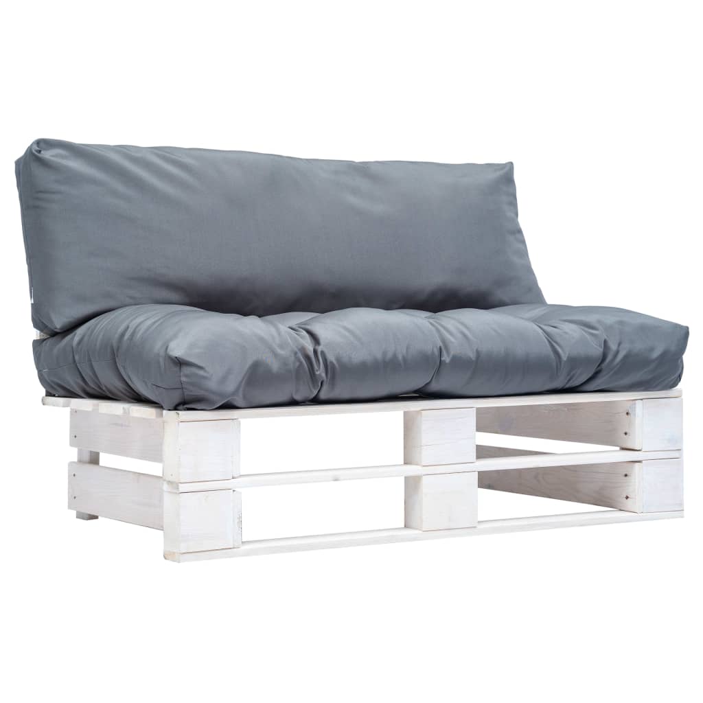 Sodo sofa iš palečių su pilkomis pagalvėlėmis, pušies mediena