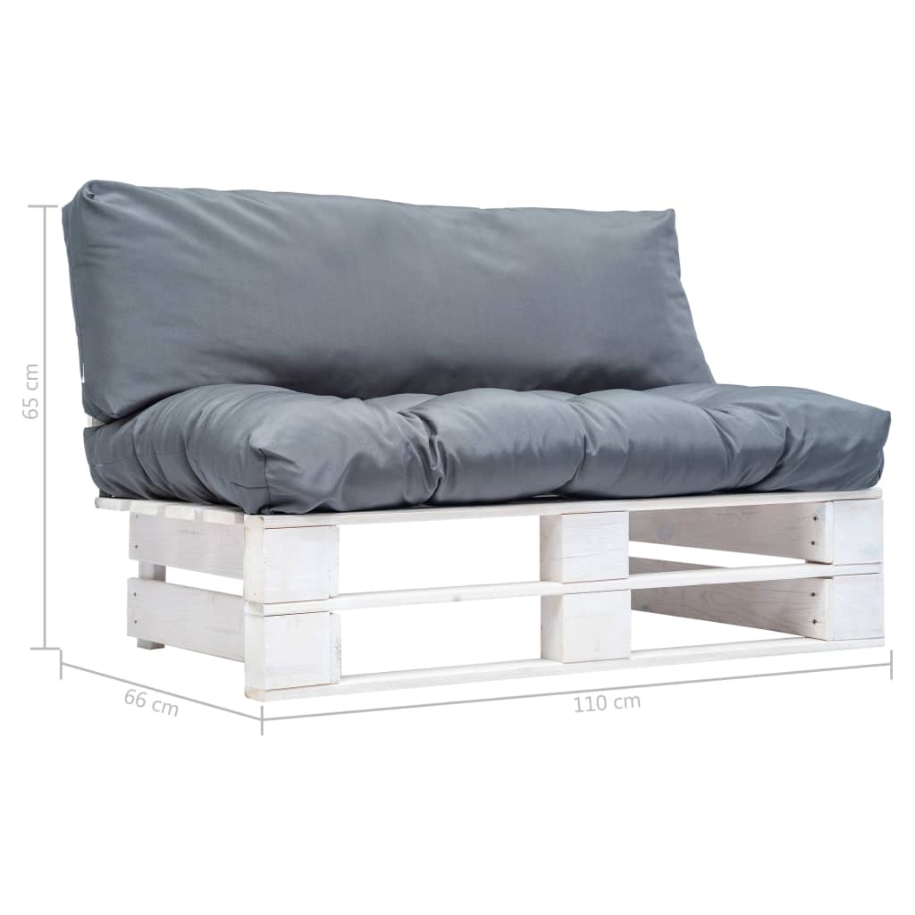 Sodo sofa iš palečių su pilkomis pagalvėlėmis, pušies mediena