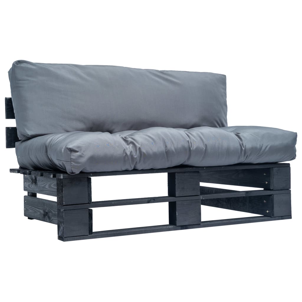 Sodo sofa iš palečių su pilkomis pagalvėlėmis, pušies mediena