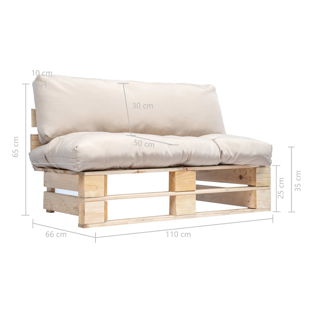 Sodo sofa iš palečių su smėlio pagalvėlėmis, pušies mediena