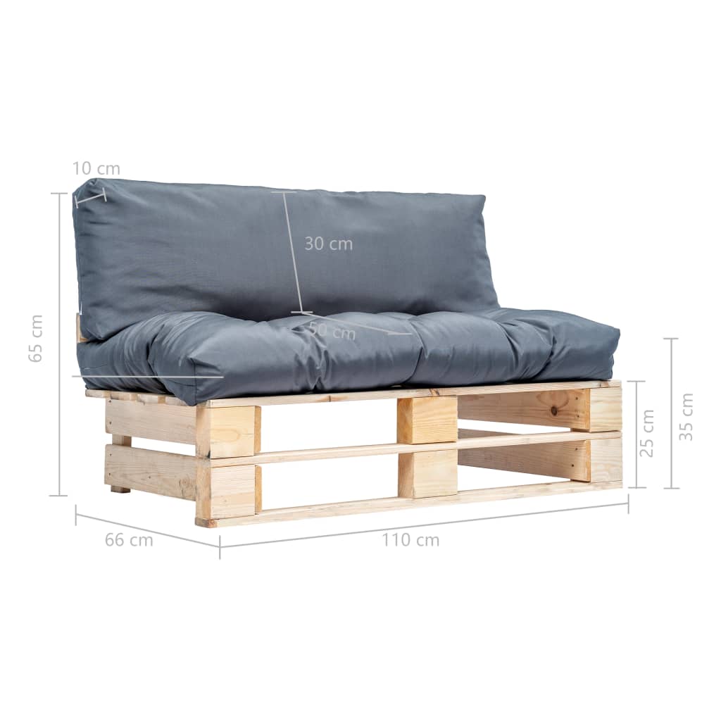 Sodo sofa iš palečių su pilkomis pagalvėlėmis, pušies mediena