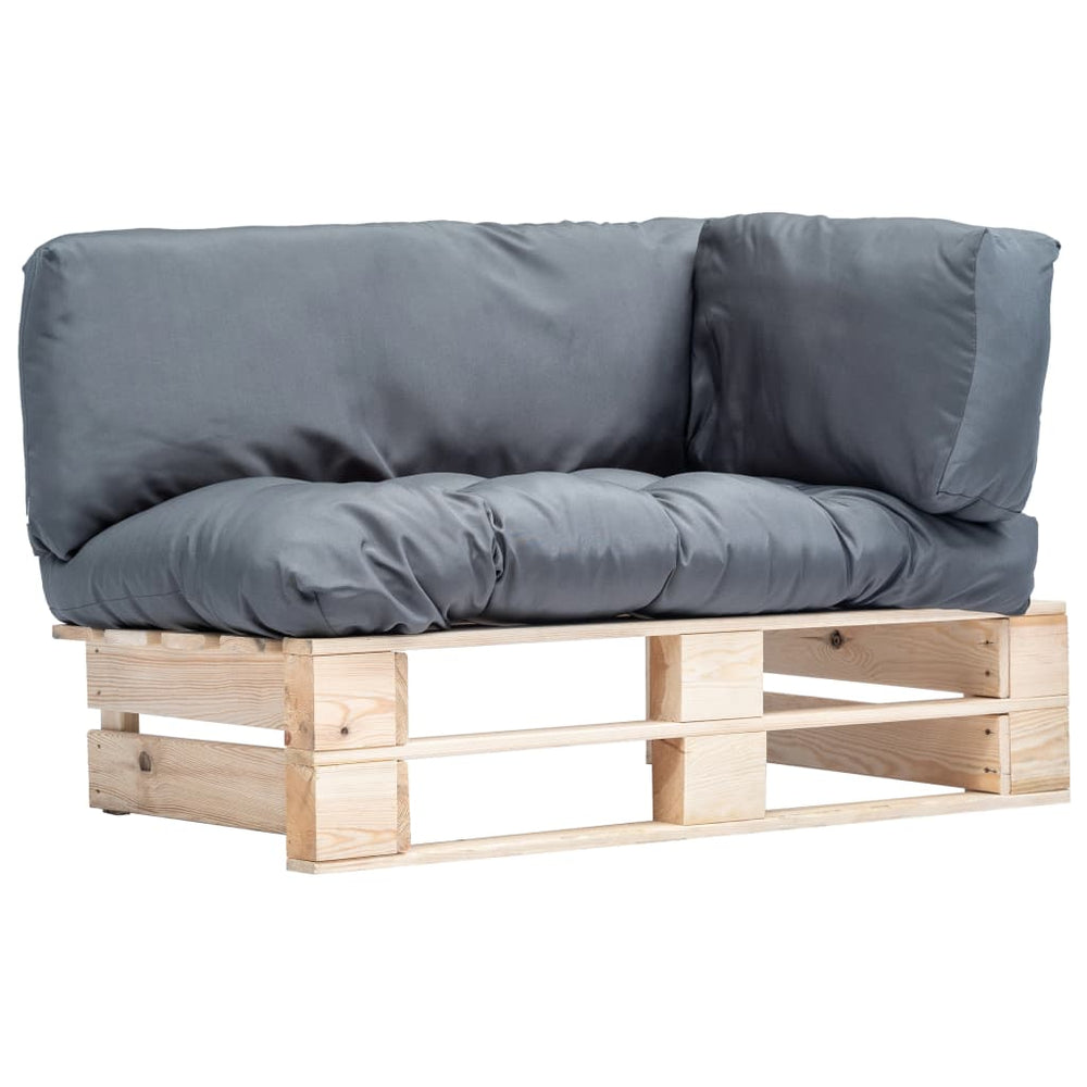 Sodo sofa iš palečių su pilkomis pagalvėlėmis, pušies mediena