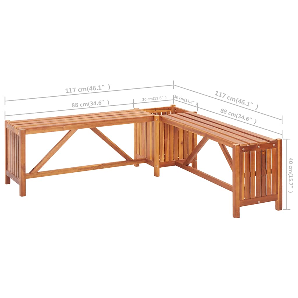 Corner garden bench with planter, 117x117x40cm, acacia
