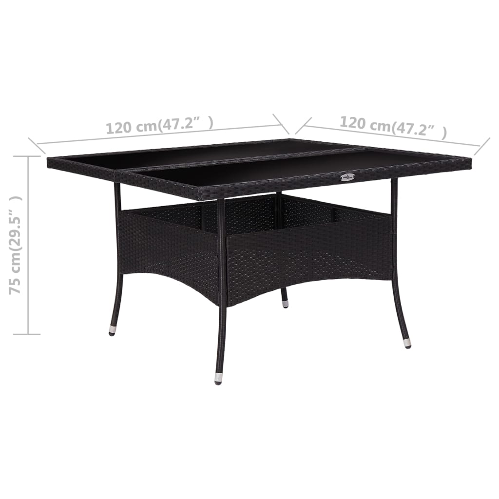 Outdoor dining table, black, poly rattan and glass