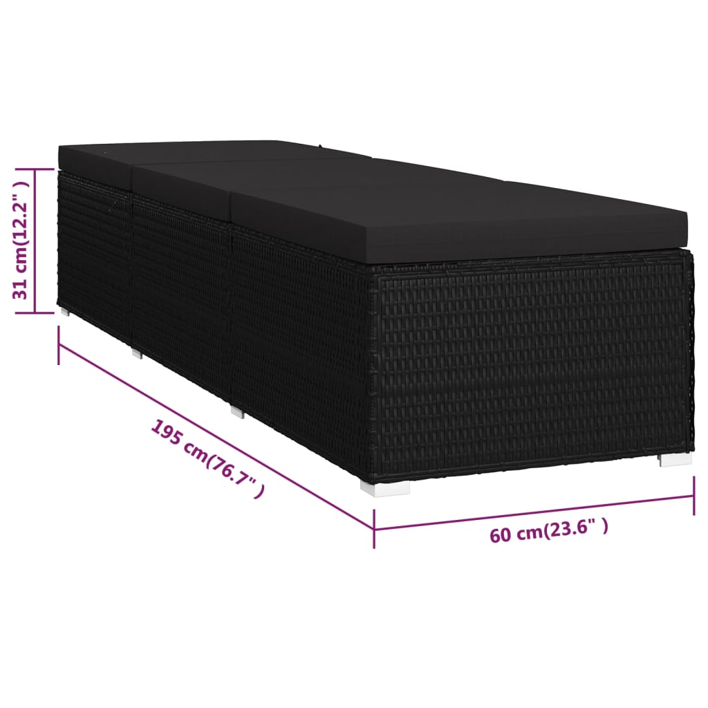 Sun lounger with mattress, black, polyrattan