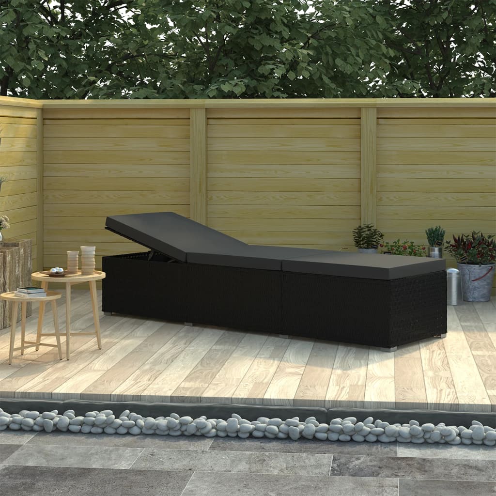 Sun lounger with mattress, black, polyrattan