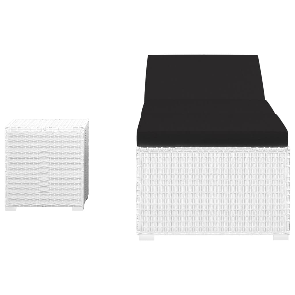 Sun lounger with cushion and tea table, white, rattan