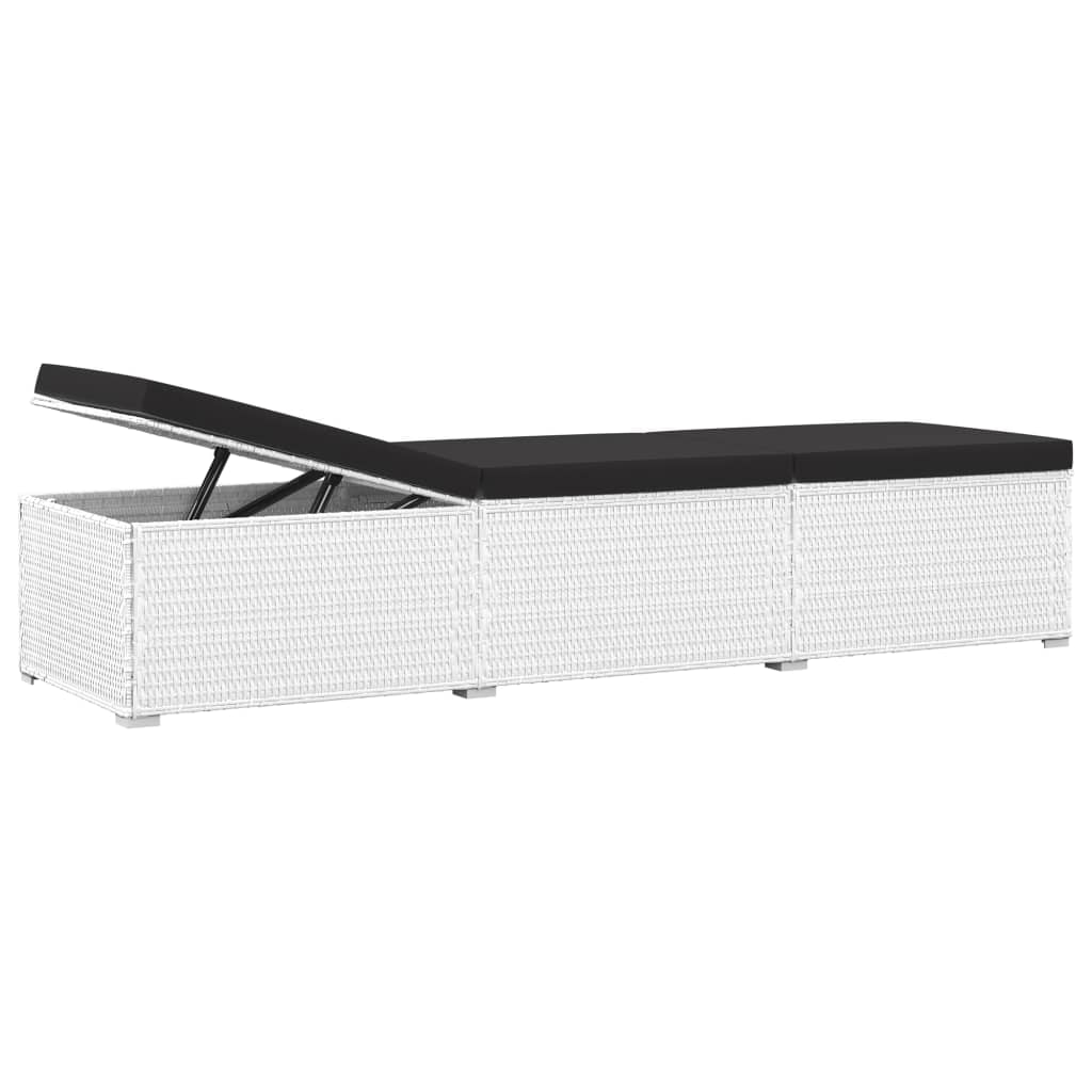 Sun lounger with cushion and tea table, white, rattan