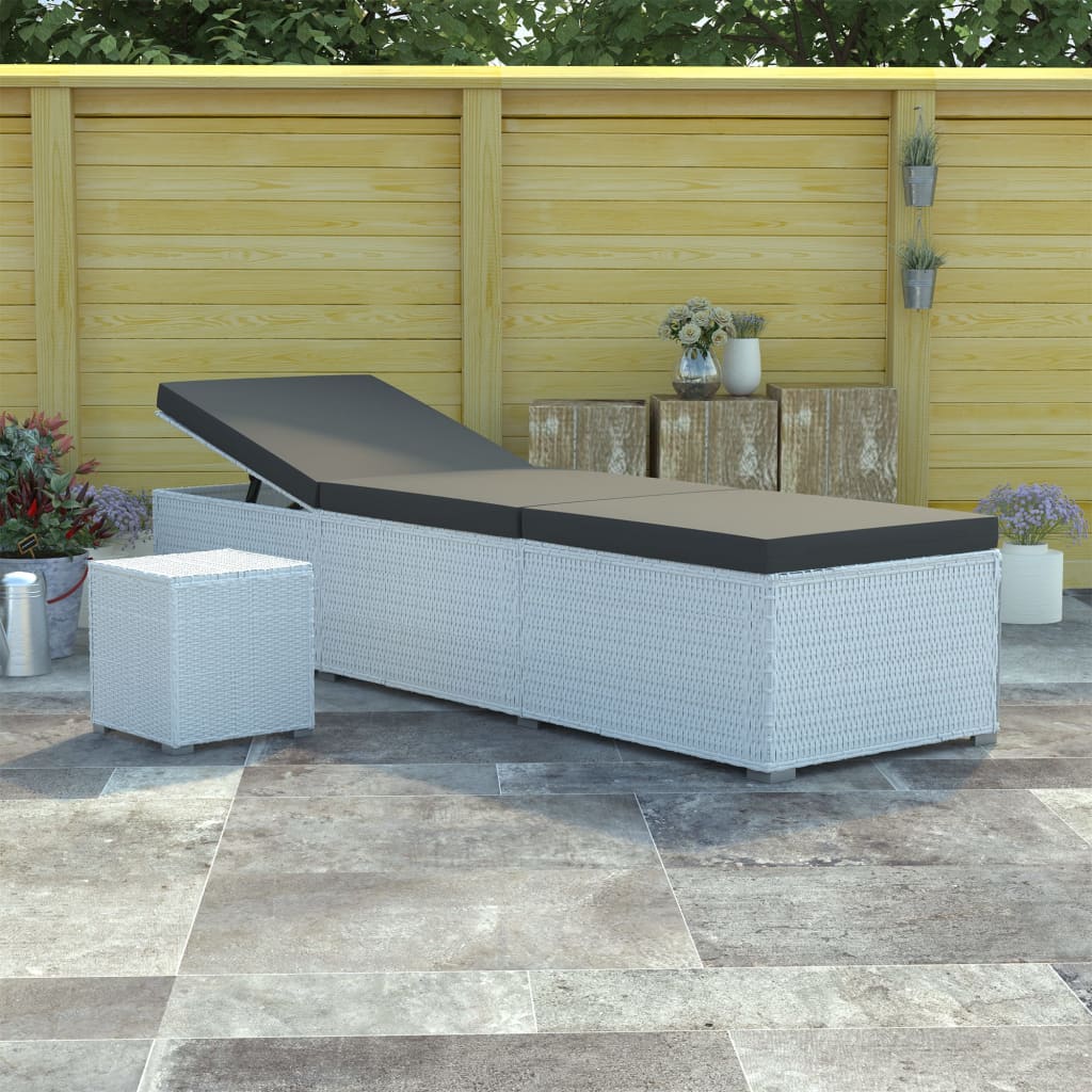 Sun lounger with cushion and tea table, white, rattan