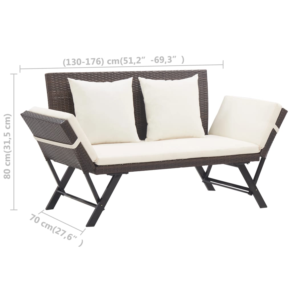 Garden bench with cushions, brown, 176cm, poly rattan