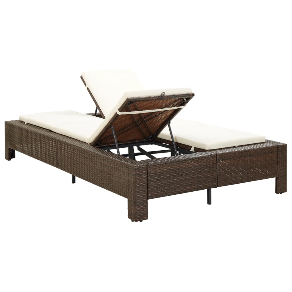 Double sun lounger with cushion, brown, poly rattan