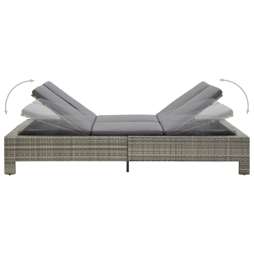 Double sun lounger with mattress, grey, poly rattan