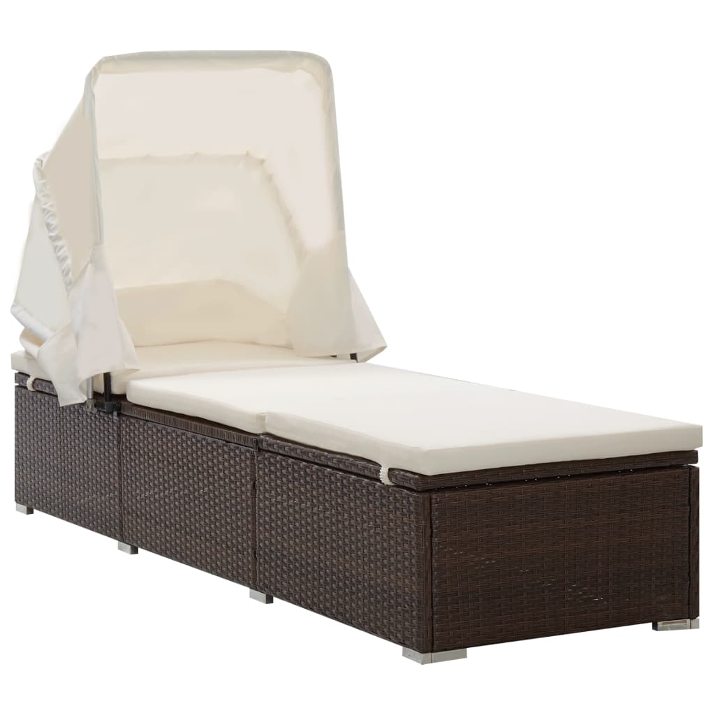 Sun lounger with canopy and cushion, brown, polyrattan
