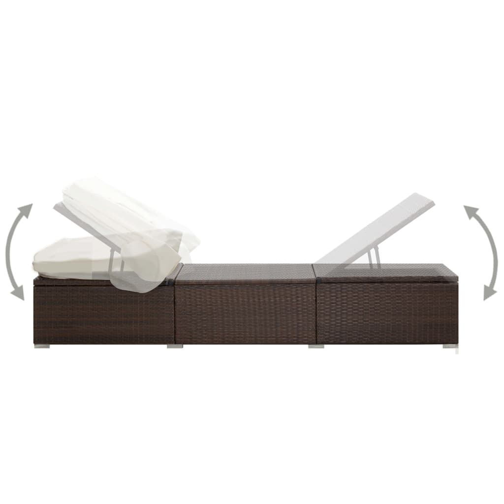 Sun lounger with canopy and cushion, brown, polyrattan