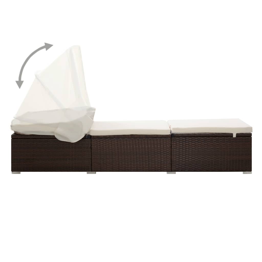 Sun lounger with canopy and cushion, brown, polyrattan
