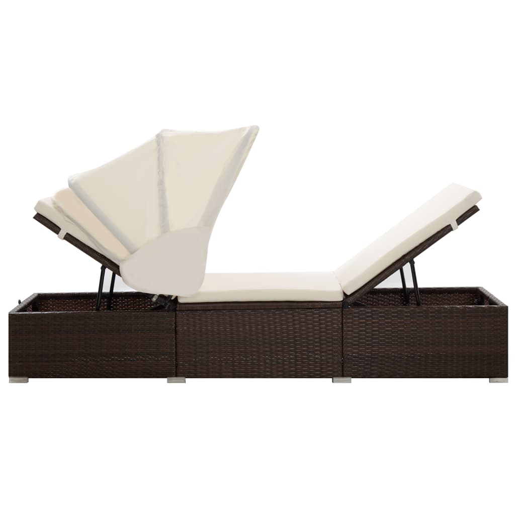 Sun lounger with canopy and cushion, brown, polyrattan