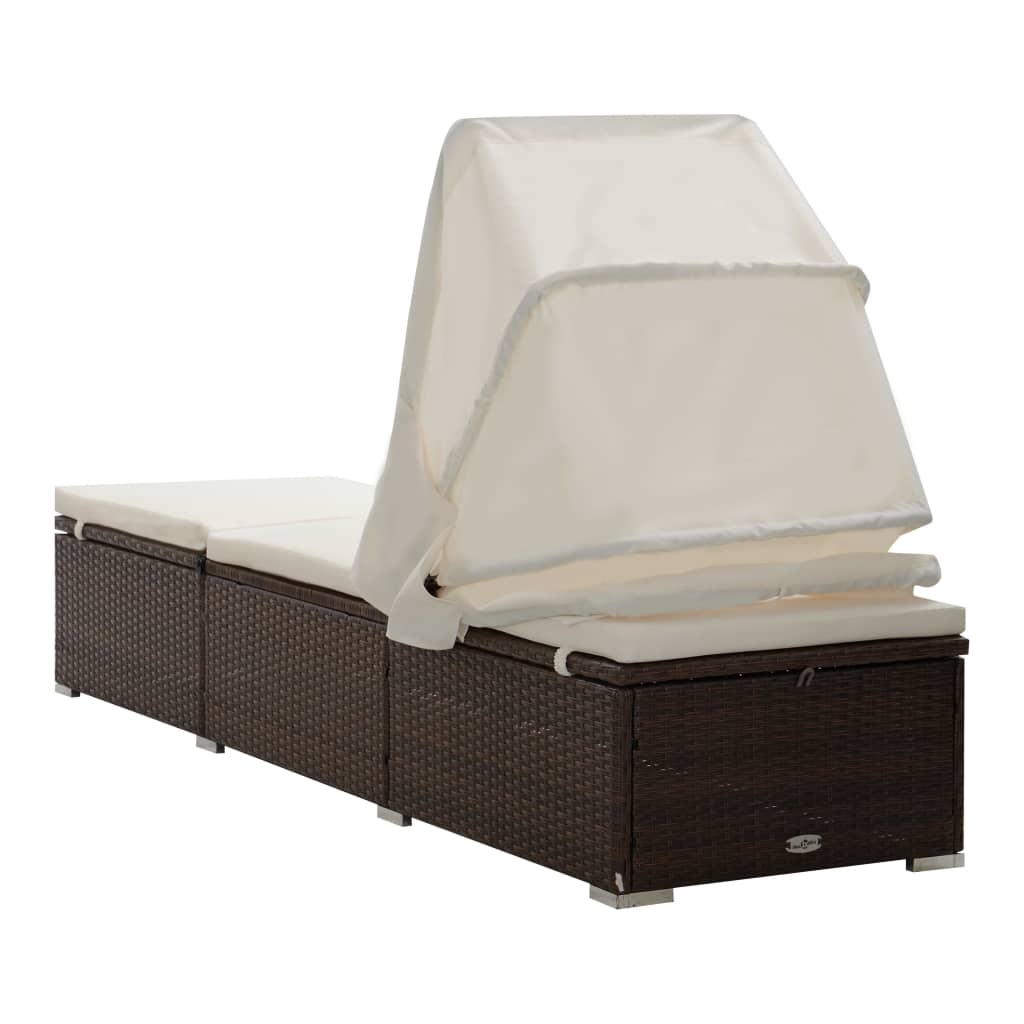 Sun lounger with canopy and cushion, brown, polyrattan