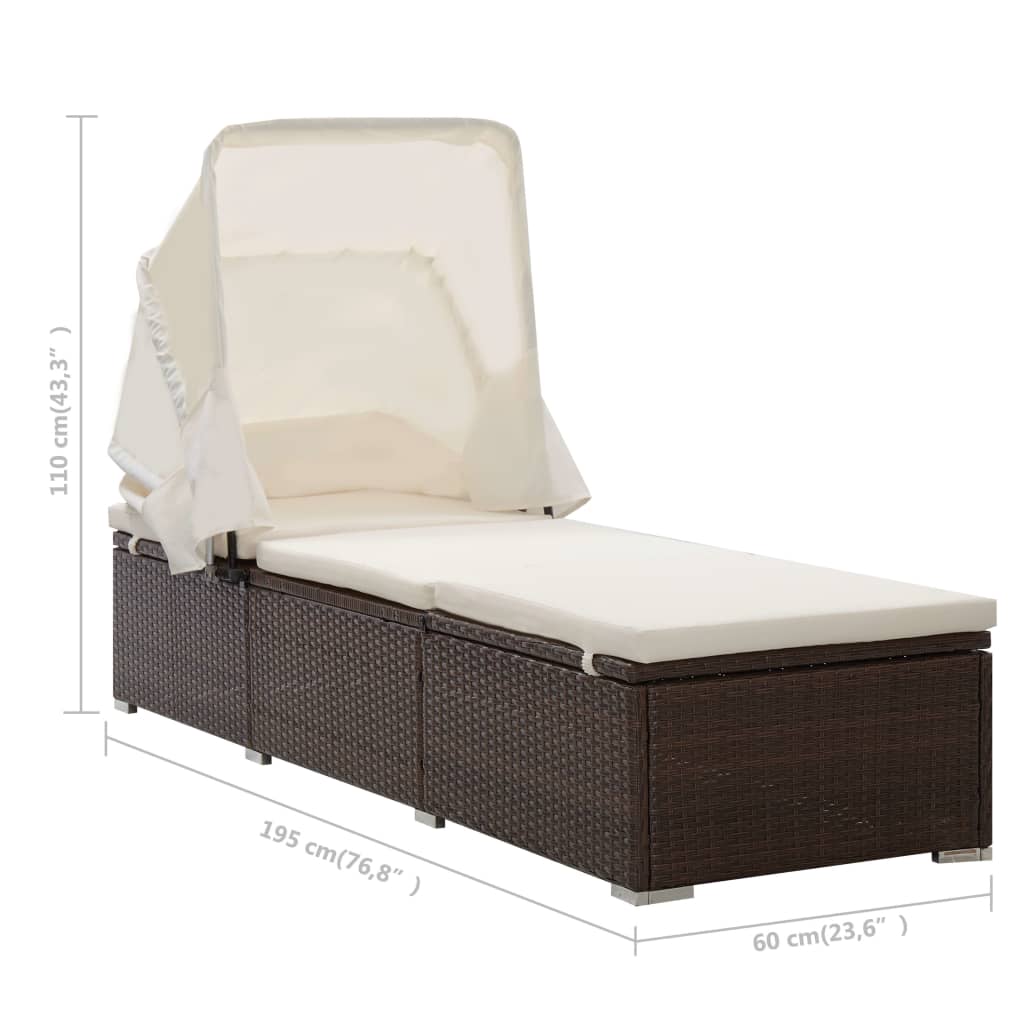 Sun lounger with canopy and cushion, brown, polyrattan