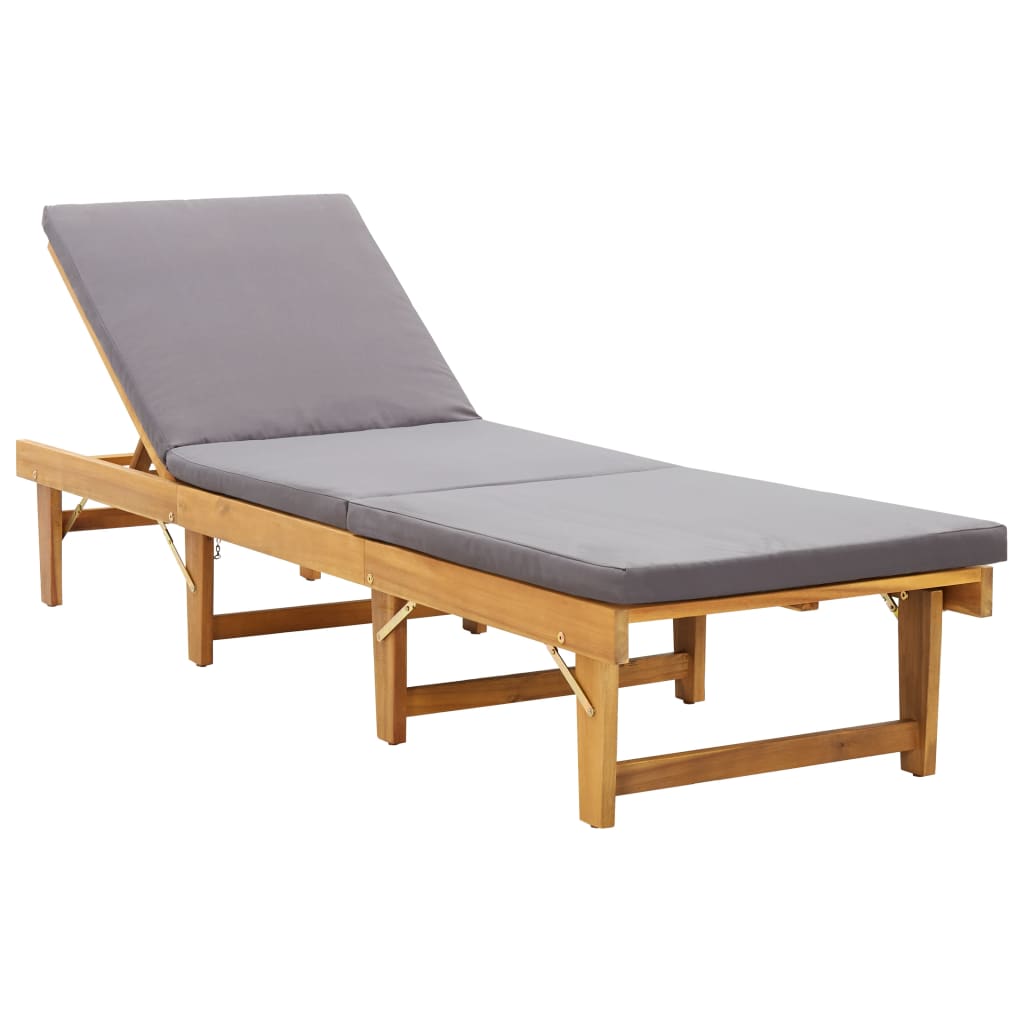 Foldable sun lounger with mattress, acacia solid wood