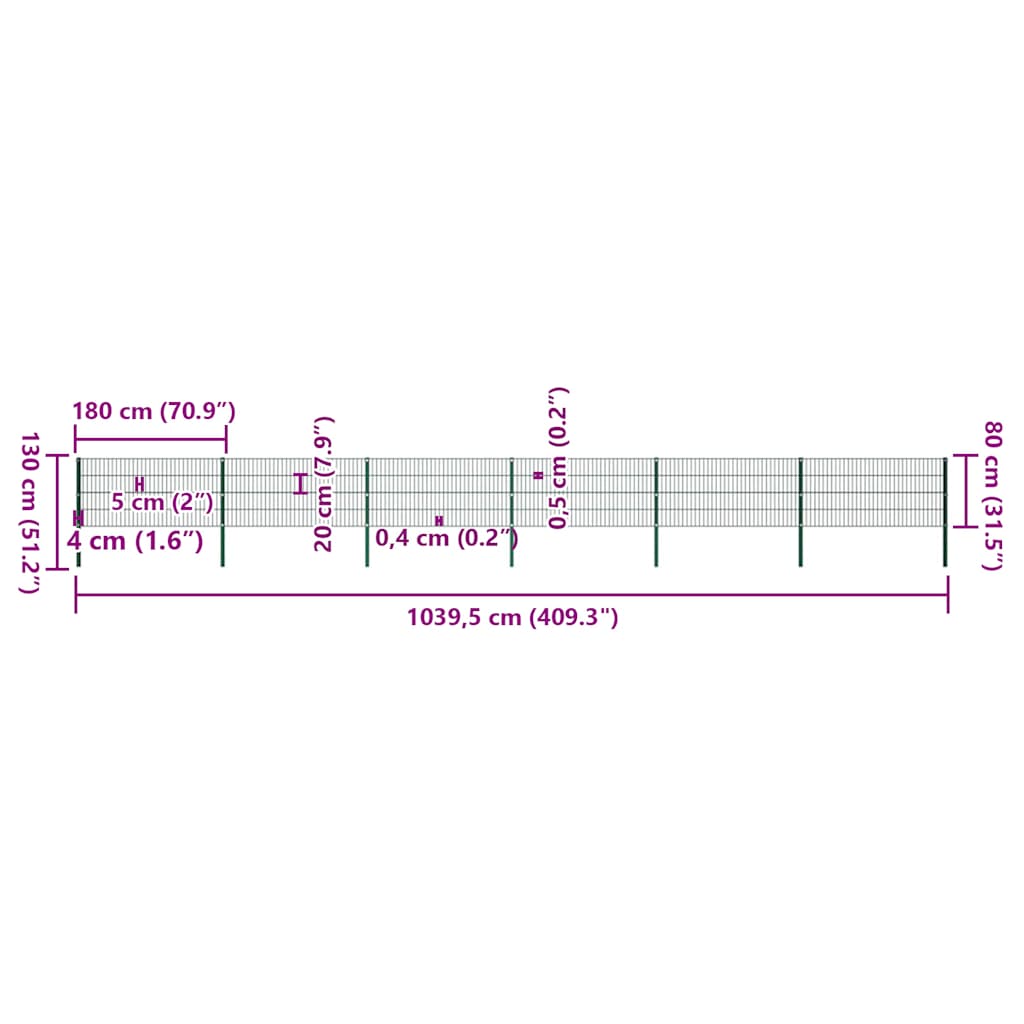 Tvoros plokštė su stulpais, geležinė, 1040x80cm, žalia