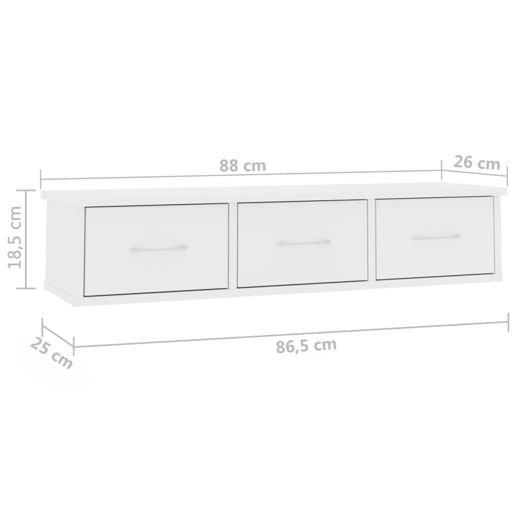 Wall shelf with drawers, white, 88x26x18.5cm, wood