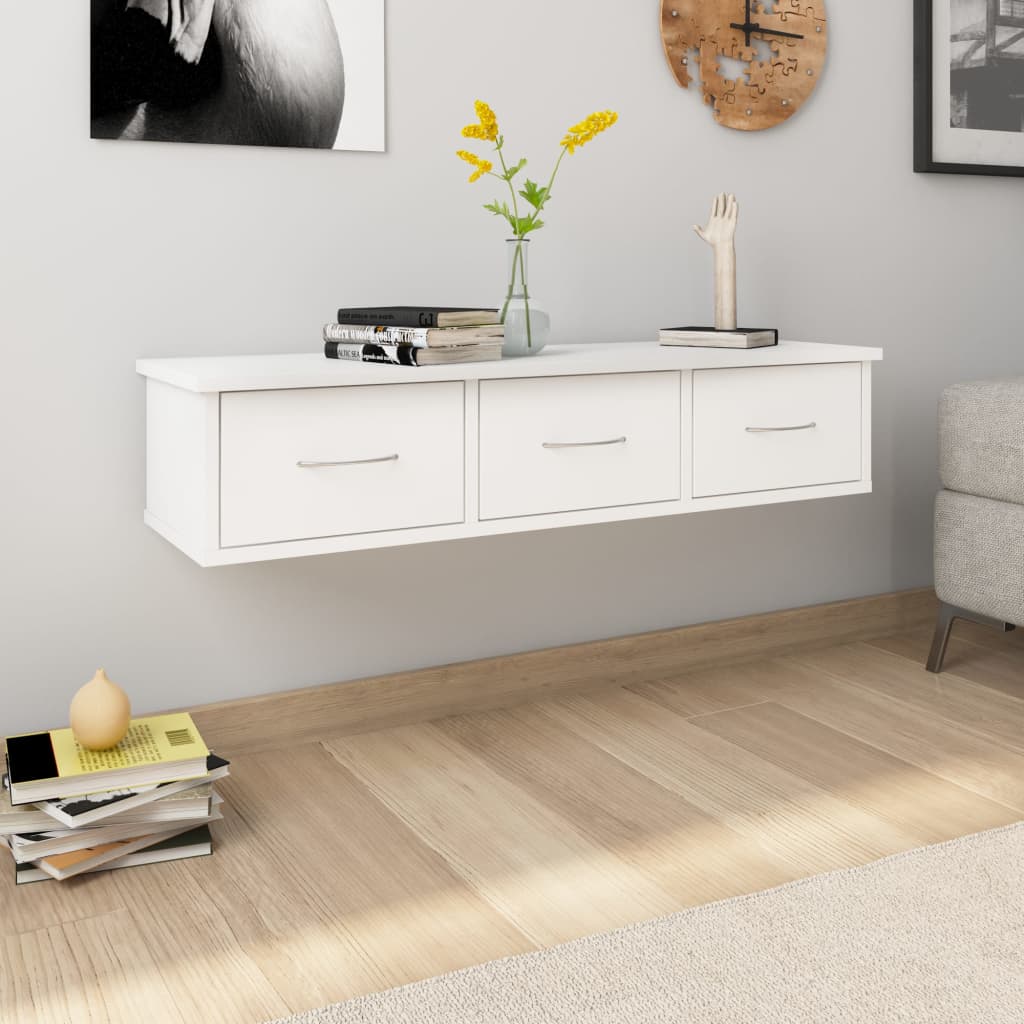 Wall shelf with drawers, white, 88x26x18.5cm, wood