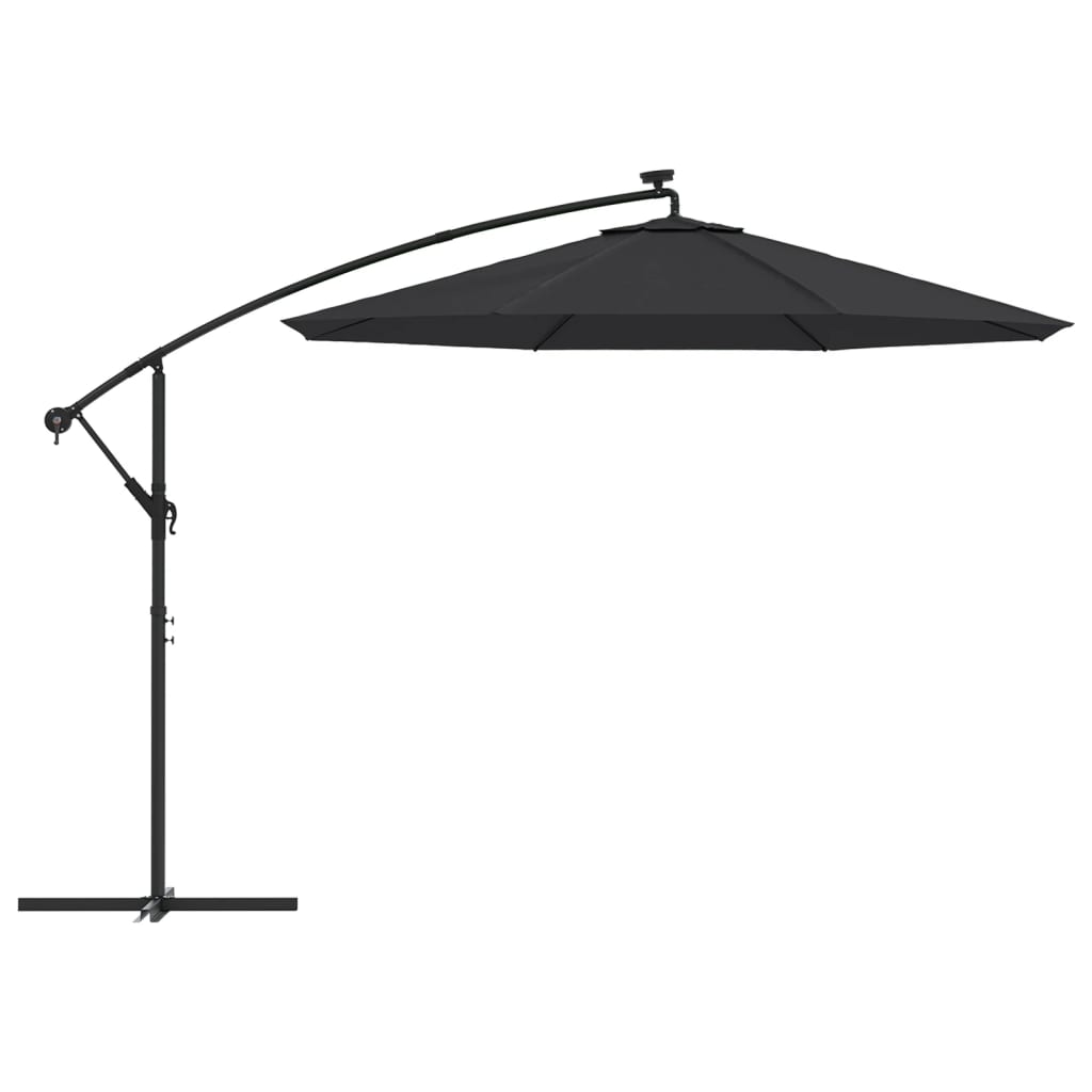 Gembinis skėtis su LED ir plieniniu stulpu, juodas, 300cm